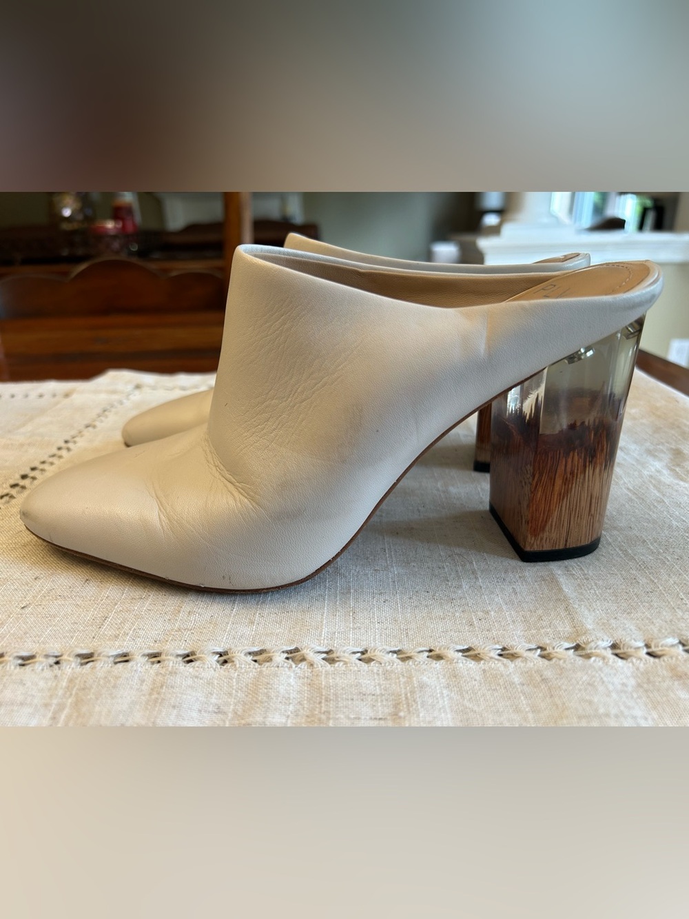 Leather White Mule Heels with Acrylic Block Heel Design - Picture 5 of 7